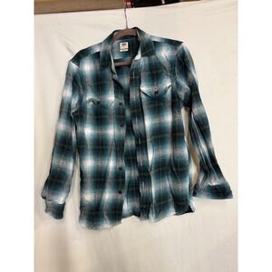 Levis Relaxed Fit Plaid Flannel Shirt Mens Small Teal Green Long Sleeve Button